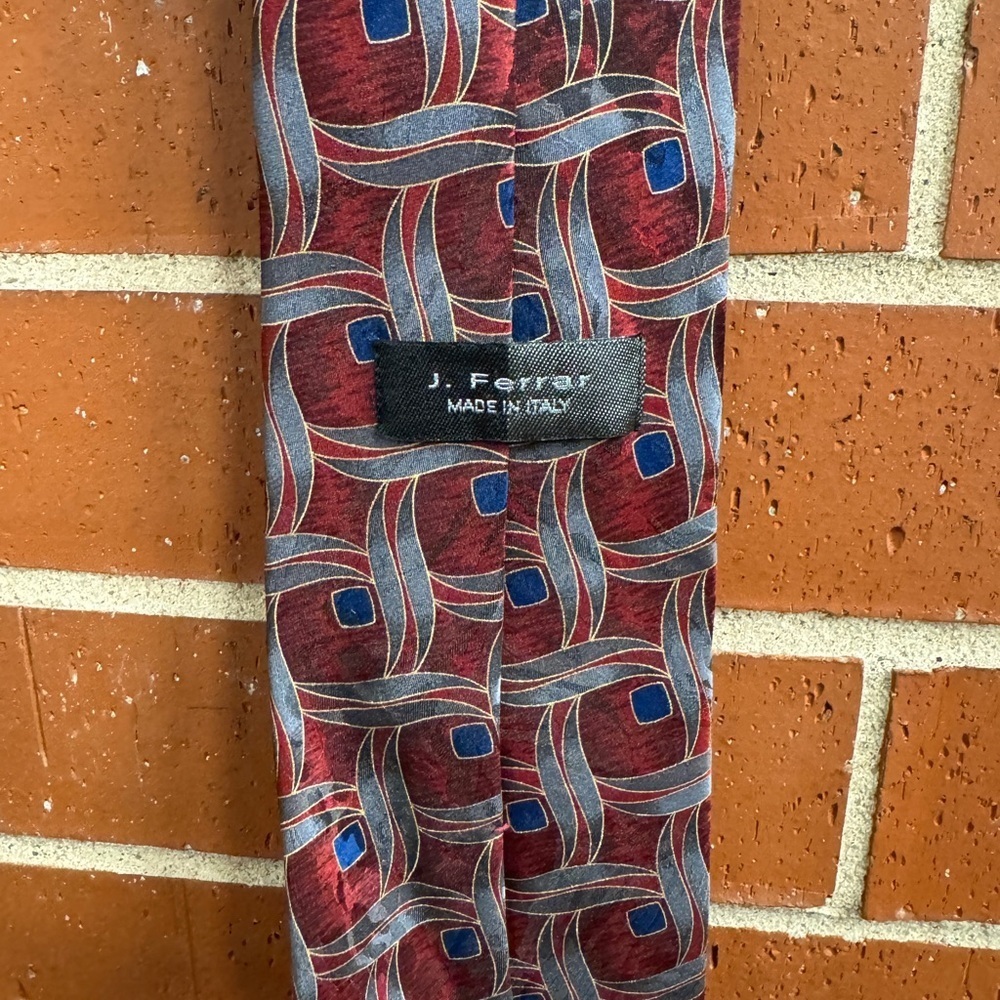 Vintage J. Ferrar Made in Italy Tie – Red Geometric Pattern with Blue Accents